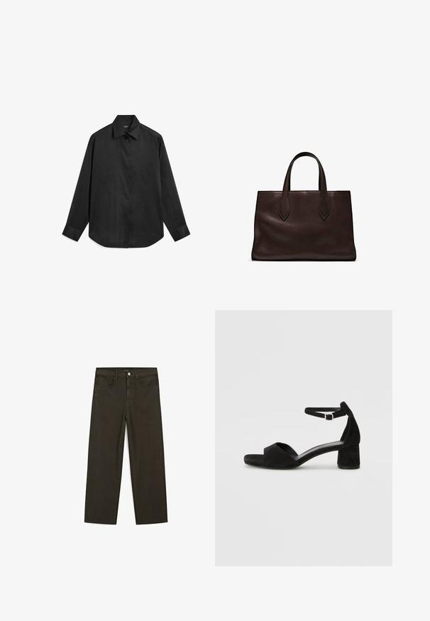 Black long-sleeve shirt made of a smooth, lightweight fabric. Features a pointed collar, button placket, and rounded hem.; Dark green wide-leg jeans made of cotton blend, featuring a front button closure, five pockets, and classic denim stitching.; Black suede heeled sandals with a thin ankle strap, open toe design, and a modest block heel. Smooth texture and minimal accents.; Brown leather tote bag with two elongated handles, structured rectangular shape, smooth texture, and subtle stitching details.