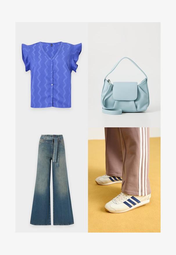 Blue short-sleeved blouse with a V-neck, featuring a zigzag pattern and button closure down the front. Textured fabric with flutter sleeves.; Wide-leg denim trousers featuring a light to dark blue gradient, high waist, belt loops, and a matching fabric belt. Textured denim finish.; Cream sneakers with blue suede stripes, white laces, and a rubber sole. Paired with gray sweatpants featuring white side stripes.; Light blue leather handbag with a top handle, front flap pocket, and detachable wrist strap on a white background.