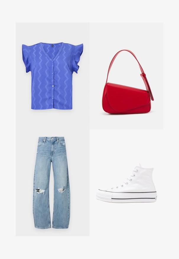 Blå kortärmad blus med V-ringning, med ett zickzackmönster och knäppning fram. Texturerad tyg med svängande ärmar.; Ljusblå, högmidjade jeans i denim. Har vida ben, två slitna knäområden och klassisk femfickedesign.; Vit hög topp canvas sneaker med svart gummisulan, framsidan gummitåhätta och sex öglor för snören, med en ren, minimalistisk design.; Röd läderhandväska med en vinkelrät, geometrisk design. Har ett justerbart axelband och en klaffstängning med sydda detaljer.
