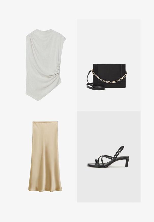 Top beige chiaro con scollatura rotonda, orlo asimmetrico e dettagli arricciati su un lato. Realizzato in un tessuto morbido e texture.; Gonna midi in satin beige con una texture liscia e una leggera lucentezza, con vita aderente e silhouette fluida. Nessun motivo o decorazione visibile.; Sandalo nero con cinturini, dalla punta squadrata e tacco basso a blocco. Presenta diversi cinturini sottili e una cinturini regolabile alla caviglia. Realizzato in pelle liscia.; Borsa a tracolla nera in pelle con una texture liscia, forma rettangolare e dettaglio in catena metallica sul davanti. Inclusa una tracolla regolabile.