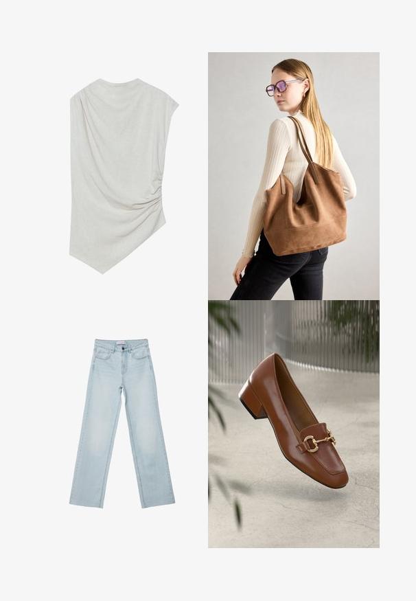Top beige chiaro con scollatura rotonda, orlo asimmetrico e dettagli arricciati su un lato. Realizzato in un tessuto morbido e texture.; Jeans a gamba larga di colore blu chiaro realizzati in denim. Presentano cinque tasche, un bottone sul davanti e dettagli sbiaditi. Taglio dritto classico con vestibilità ampia.; Mocassino in pelle verniciata marrone con punta quadrata, accentato da catena metallica e tacco basso; texture liscia, design minimalista.; Borsa a tracolla in suede marrone con texture morbida, ampia apertura e lunghe cinghie. Caratterizzata da un design semplice con cuciture visibili e senza accessori.