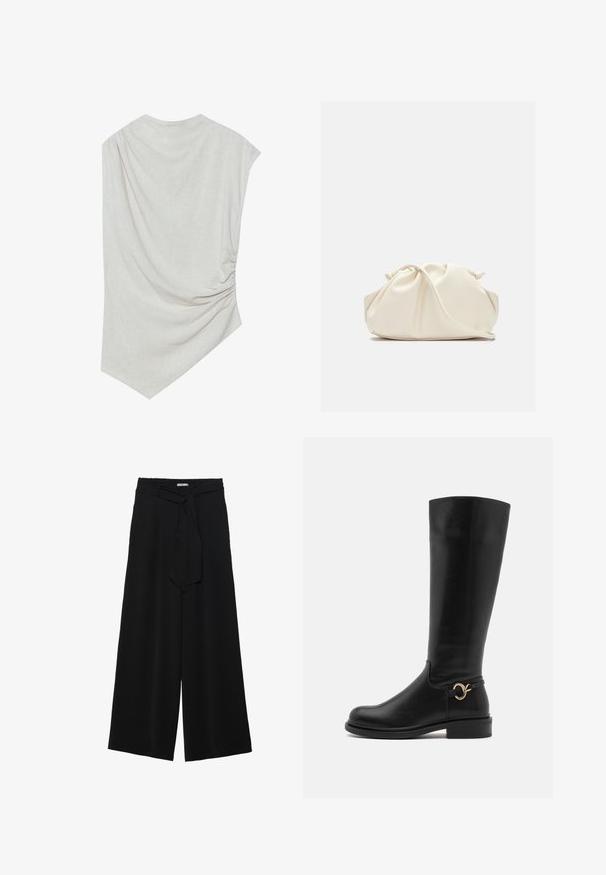 Top beige claro com decote arredondado, barra assimétrica e detalhes franzidos de um lado. Feito de um tecido macio e texturizado.; Calças largas pretas com um tecido texturizado, uma cintura elástica e um laço destacável na cintura para um ajuste ajustável.; Anna Field Wide Fit Botas - black; Bolsa de pele sintética suavemente colorida de creme, com design franzido, alça ajustável e fecho por cordão discreto. Textura suave e forma arredondada.