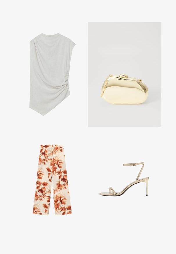 Top beige chiaro con scollatura rotonda, orlo asimmetrico e dettagli arricciati su un lato. Realizzato in un tessuto morbido e texture.; Pantaloni a gamba larga in un tessuto leggero, con una base bianco sporco decorata da grandi motivi a foglia color ruggine e una superficie morbida.; Sandalo con tacco alto in metallo dorato, con una sottile cinghia attorno alla caviglia, punta aperta e sottili cinghie incrociate. Finitura lucida con suola nera.; Clutch metallico oro con una forma liscia e arrotondata, dotato di una chiusura a pulsante superiore e una piccola tracolla per il trasporto.