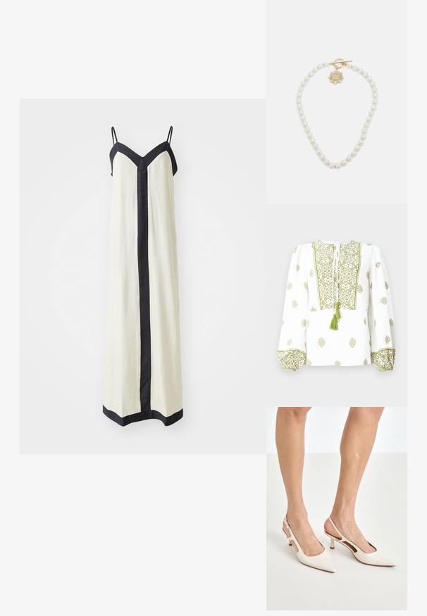 Balta bluzė su žaliais gėlių siuvinėjimais, raktine iškirpte su kutu, ir rinktinėmis ilgomis rankovėmis su atitinkamais rankogaliais.; Kreminė ilgomis sijonais su be rankovių su giliu V formos iškirpimu ir juodu apvadu palei kraštus ir priekinę dalį. Pagaminta iš lengvos medžiagos.; Šviesiai pilkos, lakuotos odos slingback aukštakulniai su smailiu noseliu ir 5 cm kulnu, su išpjovomis šonuose ir plona kulkšnies juostele.; Balta gėlių rankinė su susiraukšlėjusia audinio paviršiumi, auksinės spalvos grandinėlės dirželiu ir metaliniu uždarymu. Papuošta tekstūruotomis žiedlapėmis, pridėjančiomis detalių.; Lauren Ralph Lauren COLLAR - Grandinėlė - gold-coloured/white
