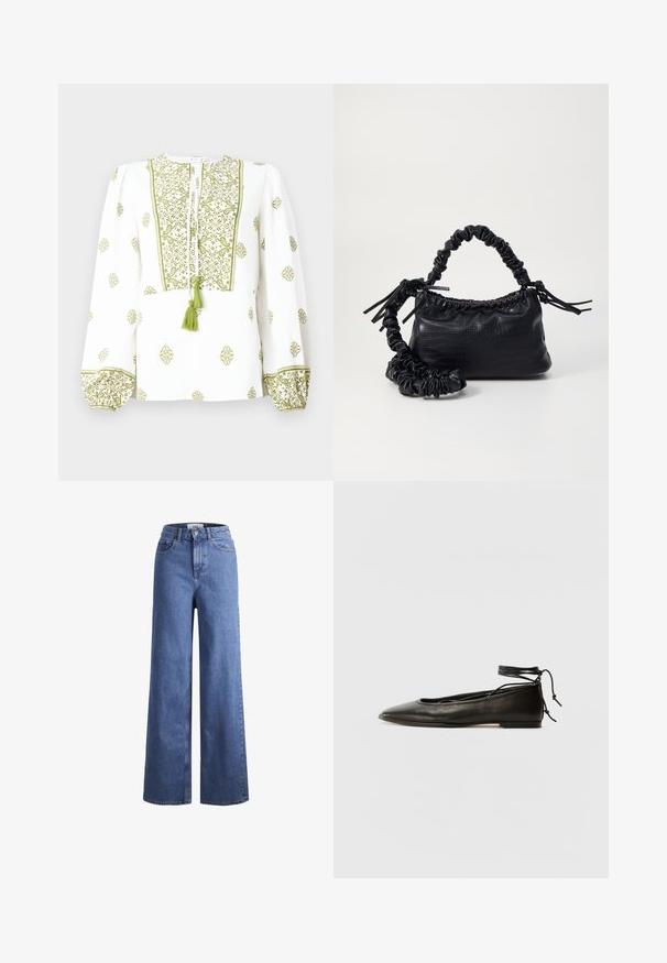 Bela bluzica z zelenim cvetličnim vezenjem, izrezom v obliki ključa s perilom ter nabranimi dolgimi rokavi s usklajenimi manšetami.; Svijetloplave traper hlače širokih nogavica s visokim strukom, s dva prednja džepa i vidljivim šavovima. Ima kopčanje na gumb i zatvarač.; Črne usnjene baletne čevlje s koničastim nosom, vezi okrog gležnja in ravnim podplatom, ki se ponašajo z gladko teksturo in minimalističnim dizajnom.; Črna torbica iz umetnega usnja s krokodilovo teksturo, z zvitim vrhom in zmečkano naramico. Zdi se mehka in kompaktna v oblikovanju.