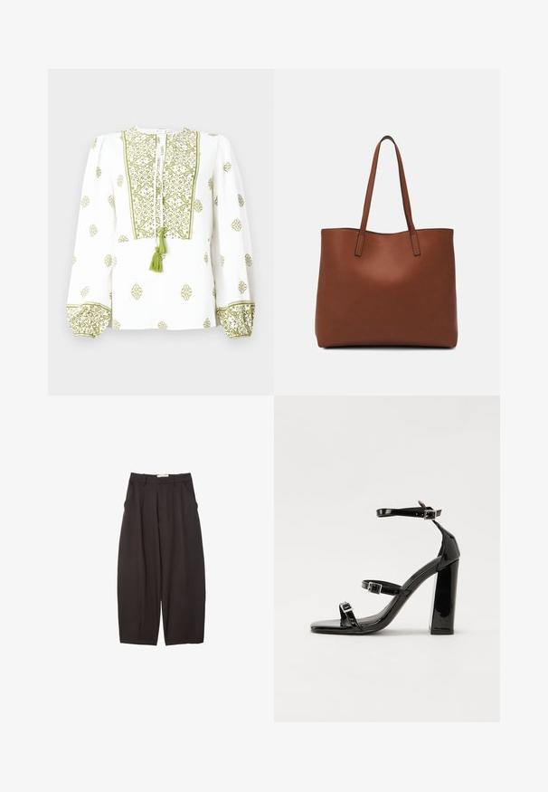 Hvid bluse med grøn blomsterbroderi, en nøglehulshalser med frynser, og samlede lange ærmer med matchende manchetter.; Sorte brede bukser lavet af et glat stof, med høj talje, forfaldne folder og sidelommer. Simpelt design uden udsmykninger.; Sorte laklædersandaler med høje hæle, to spænderemme, firkantet tå og en kraftig blokhæl, der har en glat, blank overflade.; Brun læder tote taske med en glat overflade, åben topdesign og to skulderremme. Har minimal syning og ingen synlig hardware.