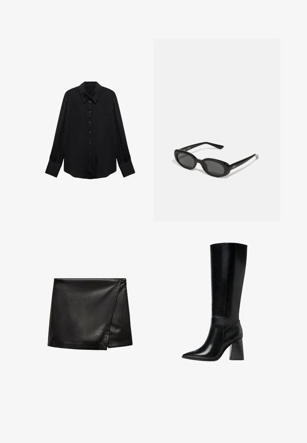 Black long-sleeve shirt made of smooth fabric. Features a pointed collar, button front, and straight hem. No patterns or accents visible.; Black leather mini skirt with a wrap design, featuring a smooth texture and minimalistic style. No visible hardware or patterns.; Knee-high black leather boots with a pointed toe, smooth texture, and a chunky ridged heel for stability. Sleek design with minimal accents.; Black sunglasses with oval lenses, glossy plastic frame, and slender arms. Features Ray-Ban logo in white on the side.; Black leather handbag with a gold hardware accent, featuring a signature clasp, a detachable shoulder strap, and textured surface.