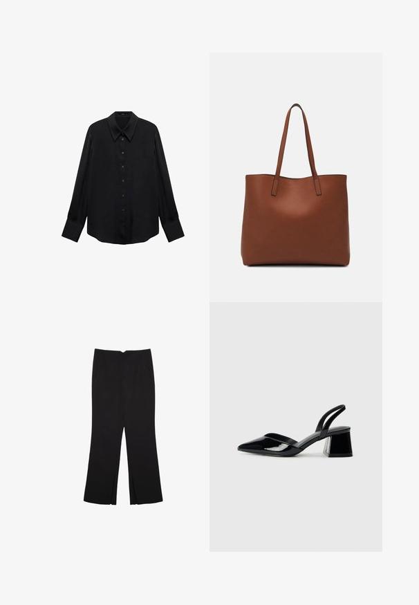 Schwarzes langärmliges Hemd aus glattem Stoff. Verfügt über einen spitzen Kragen, eine Knopfleiste und einen geraden Saum. Keine Muster oder Akzente sichtbar.; Schwarze Hose mit geradem Schnitt, ausgestattet mit Fronttaschen und Seitenschlitzen am Saum. Hergestellt aus weichem, glattem Stoff. Geeignet für verschiedene Anlässe.; Schwarze Lackleder-Slingback-High Heels mit spitzem Schuh und einem geometrischen Blockabsatz. Verfügt über ein schlankes, minimalistisches Design und eine glatte Textur.; Braune Leder-Tote mit glatter Textur, offenem Oberteil und zwei Schulterriemen. Verfügt über minimale Nähte und keine sichtbaren Beschläge.