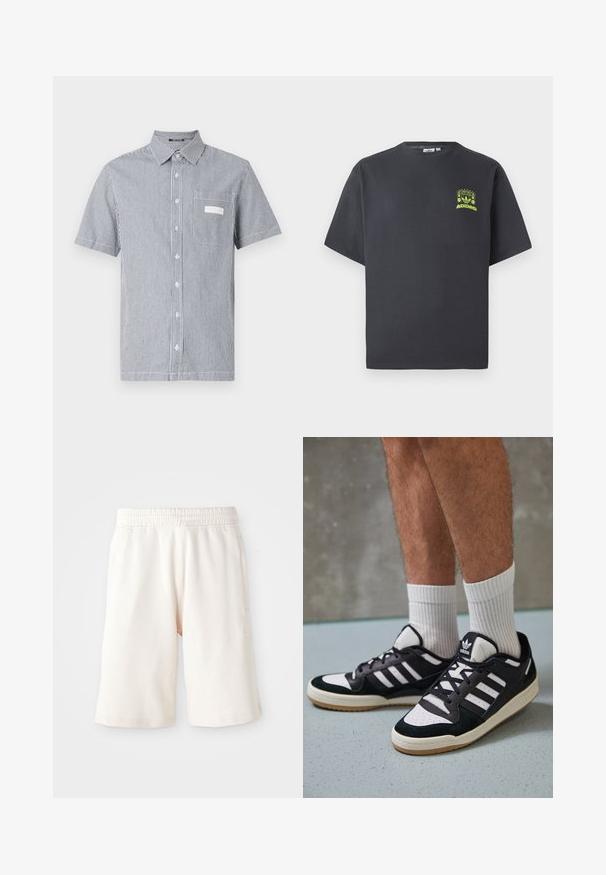Lyhythihainen nappikauluspaita, jossa on sinivalkoinen raidoitus, rintatasku ja klassinen kaulus. Valmistettu keveästä kankaasta.; T-paita hiiligraniteväriä, jossa on lyhyet hihat ja pieni neonvihreä kuva kaiuttimista, auringosta ja Adidas-logosta vasemmalla rinnassa.; Vaaleanbeiget puuvillahousut, joissa on joustava vyötärö, polvipituinen leikkaus ja hillitty logotulos vasemmassa lahkeessa. Tasainen pinta.; Valkoiset ja mustat tennarit, joissa on mokkanahka- ja nahkapäällinen, kolme valkoista raitaa, rei'itetty kärki ja kumipohja.