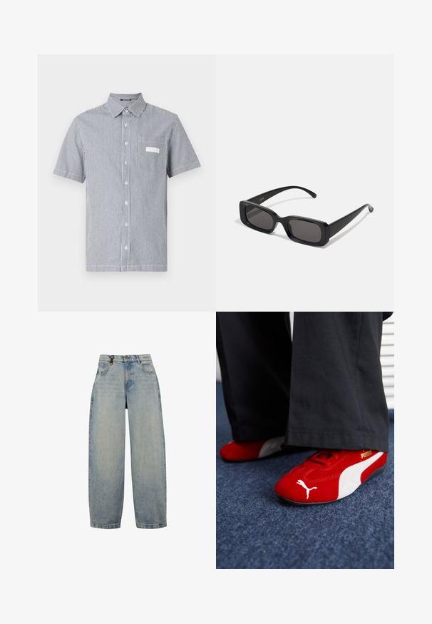 Kortermet skjorte med knappene foran, i et blått og hvitt stripet mønster, med en brystlomme og klassisk krage. Laget av lett materiale.; Lyseblå denim jeans med en avslappet passform, som har høy midje, vide ben, klassisk femlommersdesign og metalldetaljer.; Røde semsket sneakers med hvite detaljer, med teksturert materiale, rund tå og en gull logo på siden, brukt med svarte bukser.; Svarte rektangulære solbriller med mørke linser, glanset overflate, brede stenger og en kraftig rammedesign. Graveret merkenavn på en stang.
