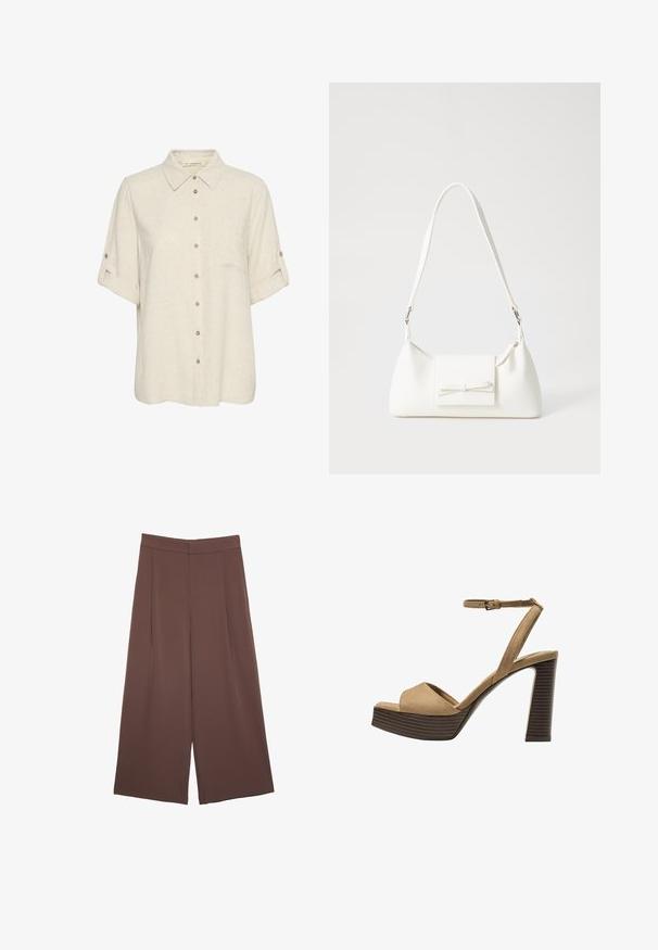 Beige linen short-sleeve shirt with a button-down front, featuring a chest pocket and roll-up cuffs with button accents. Smooth texture.; Brown wide-leg trousers with a smooth texture, featuring a high waist and front pleats. The fabric is lightweight and flows loosely.; Beige suede high-heeled sandals with a wide front strap and ankle strap, featuring a chunky wooden block heel with a textured finish.; White synthetic handbag with a triangular shape, flat front flap and bow detail, adjustable strap, smooth texture, and minimalistic design.
