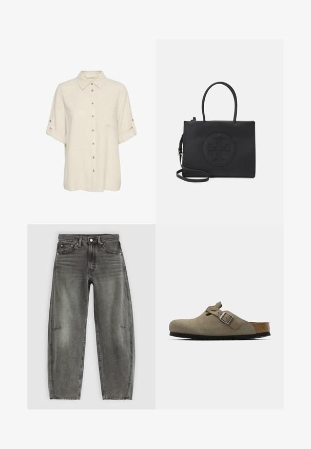 Beige pellava lyhythihainen paita nappilista edessä, joissa on rintatasku ja käärittävät hihansuut nappiaksentilla. Sileä rakenne.; Vaaleanharmaat korkeavyötäröiset, pesetyt farkut viidellä taskulla, nappikiinnitys ja rento suora lahje.; Korkkipohjaiset mokkanahkaiset klossit vaaleassa oliivinvihreässä. Varustettu metallisoljella ja pyöristetyllä varpaalla.; Musta käsilaukku, joka on tehty sileästä materiaalista, jossa on kaksi kahvaa, irrotettava olkahihna ja pyöreä kohokuvioitu logo yksityiskohta edessä.