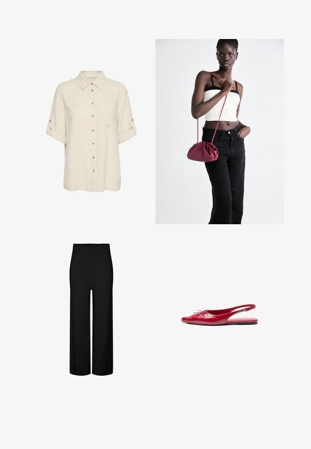Beige linnen overhemd met korte mouwen en een knoopsluiting aan de voorkant, voorzien van een borstzak en opgerolde mouwen met knoopdetails. Zachte textuur.; Zwarte wijde broek met een elastische tailleband, met een gladde textuur en zonder zichtbare patronen of accenten.; Rode leren slingback platte schoen met een puntige neus en een decoratieve vetersluiting aan de voorkant, voorzien van een slanke enkelband en een platte zool.; Bordeaux zachte stoffen handtas met een geplooid ontwerp en een lange schouderband, crossbody gedragen. Model draagt een witte crop top en zwarte jeans.