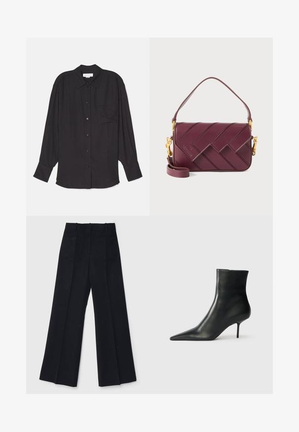 Juodas ilgomis rankovėmis marškinys, pagamintas iš lengvos medžiagos, su mygtukų užsegimu priekyje, vienu krūtine kišeniu ir laisvu siluetu su subtilia tekstūra.; Juodi plačių kojų kelnes, pagamintas iš lygios medžiagos, su aukštu liemeniu, dviem užpakalinėmis kišenėmis ir subtiliomis priekinėmis raukšlėmis, suteikiančiomis papildomą formą.; Juodas odinis kulkšninis botas su smailiu pirštu ir plonu stileto kulnu. Skaidri tekstūra ir minimalizmas, su užtrauktuku gale.; Bordo spalvos odinė per petį nešiojama rankinė su pintu raštu, aukso spalvos metalinėmis detalėmis, reguliuojama rankena ir užsegimu su skląsčiu.