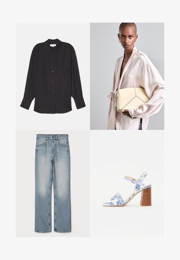 Black long-sleeve shirt made from lightweight fabric, featuring a button-down front, single chest pocket, and relaxed fit with subtle texture.; Light blue denim jeans with a straight fit, featuring a high waist, five-pocket design, and subtle fading on the thighs and knees.; Blue floral-printed sandal with a square toe, a wide strap, and an adjustable ankle strap, featuring a textured wooden block heel.; Cream structured handbag with contrasting black seams, featuring a geometric design. Smooth texture with gold hardware accents.