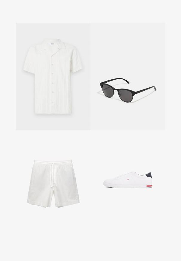 Weißes kurzärmliges Hemd mit strukturiertem Muster, durchgehender Knopfleiste und einer einzelnen Tasche auf der linken Seite. Aus leichtem Stoff gefertigt.; Weiße Baumwollshorts mit elastischem Bund und Kordelzug, Seitentaschen und geradem Schnitt mit sauberen Säumen.; Weißes Low-Top-Sneaker aus glattem Leder. Mit einem marineblauen Fersenstück und einem roten Akzent an der Sohle. Sechs Ösen für die Schnürsenkel.; Schwarze Sonnenbrille mit runden Gläsern, matter Oberfläche und markanter Cat-Eye-Form. Schlanke Bügel mit dezenter Markenkennzeichnung am linken Schläfenstück.