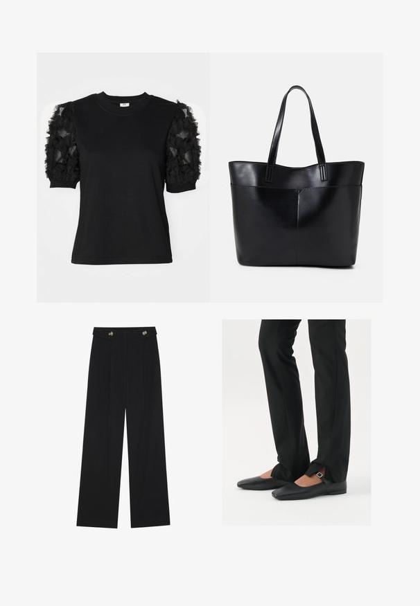 T-shirt preto com mangas curtas em tecido de tule preto franzido, decote redondo e silhueta ajustada.; Calças largas pretas com cintura alta, detalhes em botão na cintura e pregas frontais.; Sapatilhas de balé pretas em couro com bico fino, tira com fivela prateada, combinadas com calças pretas ajustadas com bainha fendida.; Bolsa tote preta em couro com duas alças longas, textura suave e forma estruturada. Apresenta um bolso frontal para armazenamento adicional.