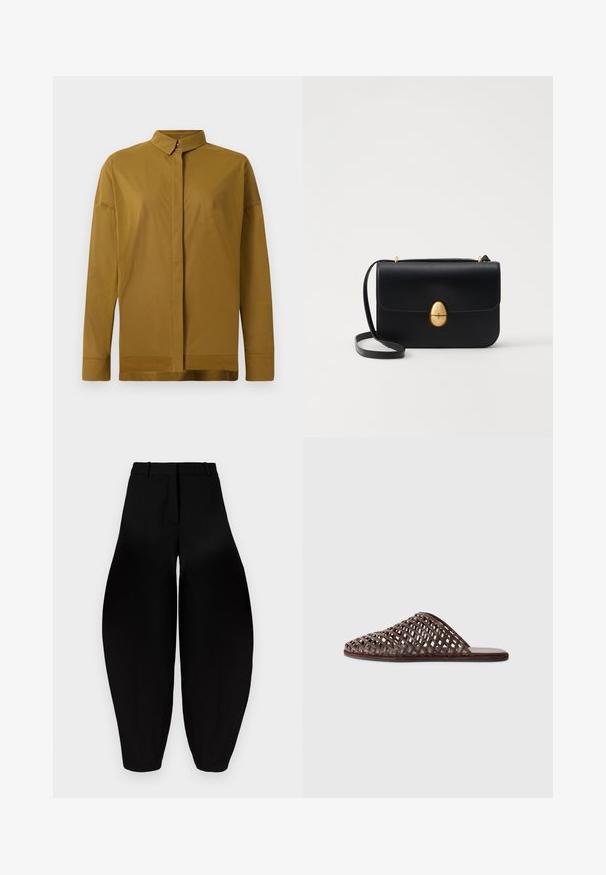 Brown long-sleeve shirt with a pointed collar, front button placket, and smooth fabric texture. Tailored fit with a straight hem.; Black wide-leg trousers with a high waist, pleated front, and tapered ankles. Made from smooth fabric with a matte finish.; Brown woven slide sandal with a rounded toe, open design, flat sole, and textured surface. Lightweight material and minimalist silhouette.; Black leather handbag with a structured rectangular shape. Features a golden oval clasp and a thin shoulder strap. Smooth texture.