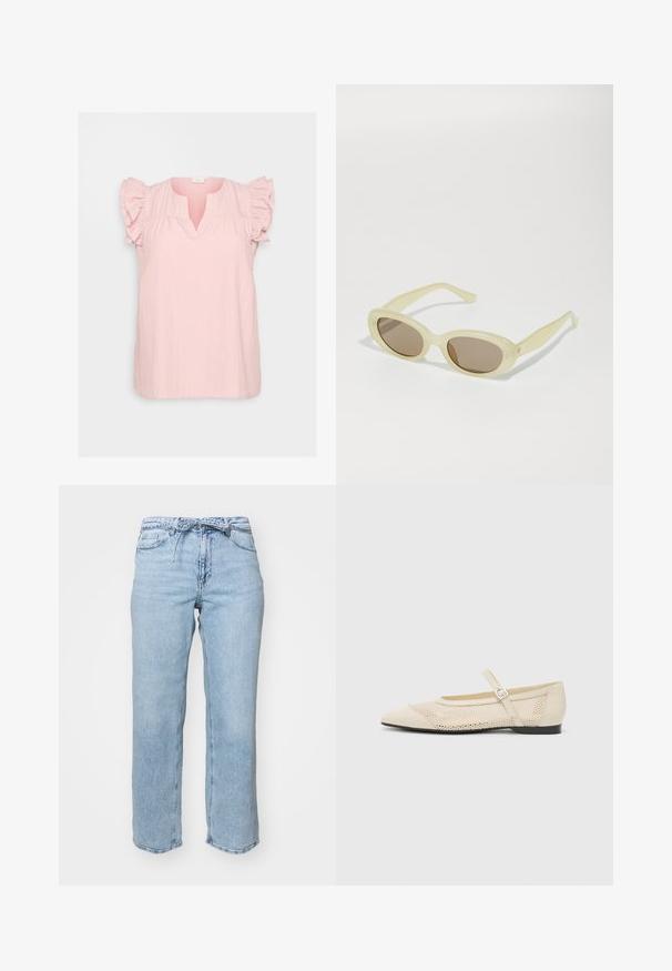 Top de tecido leve rosa com decote em V, frente pregueada e mangas curtas encaracoladas suaves. Ajuste casual e relaxado com uma superfície texturizada.; Calças de ganga azul-claro com um corte relaxado de perna reta, cinco bolsos e uma cintura com passagens para cinto. Acabamento desgastado com desbotamento sutil.; Bailarinas bege com bico pontiagudo, sobreposição em rede e uma alça com fivela lateral. Sola plana com textura suave.; Óculos de sol ovais com uma armação translúcida em amarelo pálido e lentes castanhas. Apresentam uma textura suave e discretos detalhes metálicos nas laterais.; Bolsa plissada amarela feita de couro sintético suave, com uma forma suave, uma única alça de ombro e design de topo franzido.