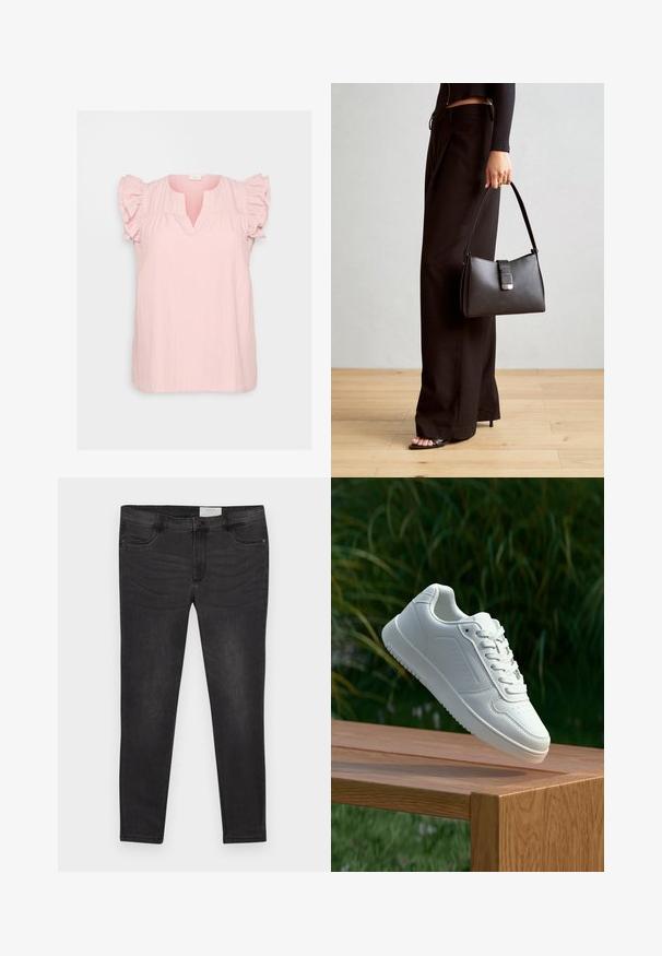 Top de tecido leve rosa com decote em V, frente pregueada e mangas curtas encaracoladas suaves. Ajuste casual e relaxado com uma superfície texturizada.; Calças de ganga pretas com um corte slim, apresentando um fecho de botão, passantes para cinto e bolsos frontais. Textura suave com desvanecimento subtil.; Sapatilha branca com um cabedal sintético liso, caixa dos dedos perfurada, atacadores planos e uma sola texturizada, exposta sobre uma superfície de madeira.; Bolsa preta com forma estruturada, textura suave e um fecho metálico. Combinada com calças largas pretas e sandálias de salto aberto sobre um chão de madeira.