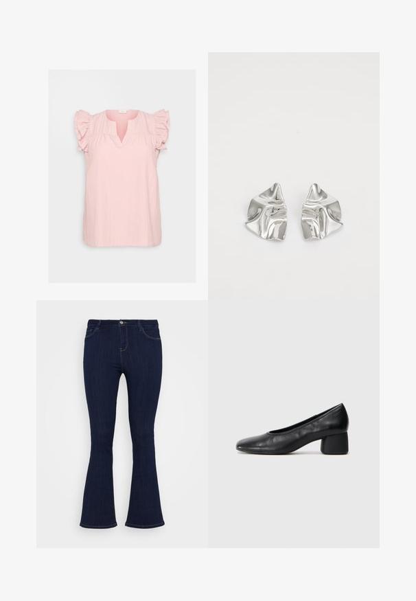 Top de tecido leve rosa com decote em V, frente pregueada e mangas curtas encaracoladas suaves. Ajuste casual e relaxado com uma superfície texturizada.; Jeans de ganga escuros de cintura alta com ajuste justo na coxa e ligeira abertura na parte inferior, apresentando bolsos frontais e fecho de botão.; Sapato de salto preto em couro com bico arredondado e salto médio bloco. Textura suave com detalhes mínimos, apresentando uma abertura elástica discreta.; Brincos de metal prateado com um design ondulante e escultural, apresentando um acabamento polido e formas irregulares, destacando uma estética contemporânea.