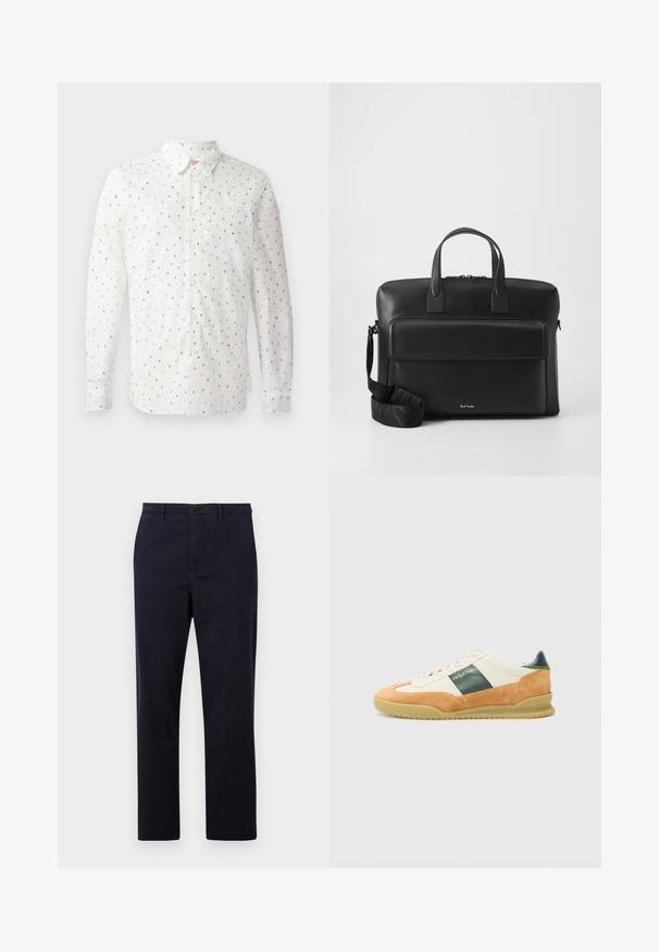 Camicia bianca a maniche lunghe con un motivo ripetuto di lettere colorate, chiusura con bottoni sul davanti, colletto classico e polsini con bottoni.; PS Paul Smith TROUSER - Chino - dark blue; Sneaker atletico bianco e beige in materiali scamosciati e in pelle. Striscia accentuata verde, suola in gomma e logo minimal in oro sul lato.; Valigetta in pelle nera con manici superiori doppi, una tasca frontale e una tracolla staccabile, con un sottile marchio in fondo.