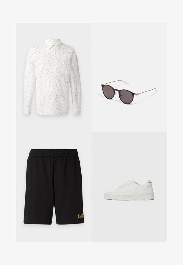 Langærmet hvid skjorte med et gentagende mønster af farverige bogstaver, knaplukning foran, standardkrave og knapmanchetter.; Sorte atletiske shorts lavet af blødt stof, med en elastisk talje og et lille gult EA7-logo nederst på venstre ben.; Hvide lædersneakers med en glat overflade, rund tå, flade snørebånd og en tekstureret sål. Har et diskret logo på hælen.; Sorte runde solbriller med mørke linser og slanke metalarme. Inkluderer klare tempeltips og sølvdetaljer ved hængslet. Minimalistisk design.