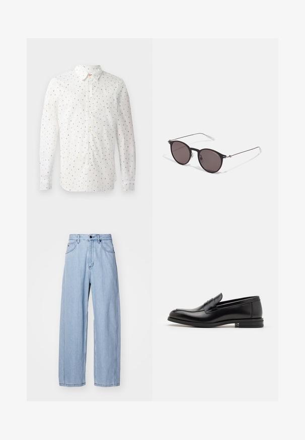 Bílá košile s dlouhým rukávem, která má opakující se vzor barevných písmen, zapínání na knoflíky, standardní límec a knoflíkové manžety.; Světle modré džíny z denimu s širokým střihem, které mají přední kapsy, zapínání na knoflík a podrobné prošívání podél švů.; Černé kožené polobotky s hladkou texturou, zaoblenou špičkou a zdobným páskem přes nárt. Nízký stohovaný podpatek, minimalistický design.; Černé kulaté sluneční brýle s tmavými skly a tenkými kovovými nohami. Obsahují průhledné koncovky nožiček a stříbrné akcenty na pantu. Minimalistický design.