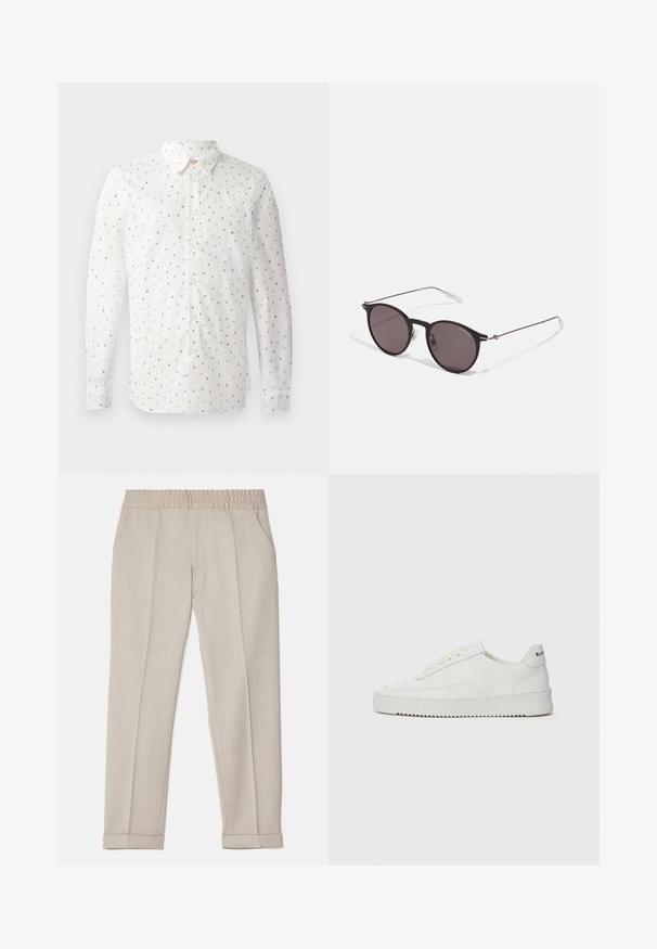 Camicia bianca a maniche lunghe con un motivo ripetuto di lettere colorate, chiusura con bottoni sul davanti, colletto classico e polsini con bottoni.; Filippa K TERRY CROPPED TROUSERS - Pantaloni - sage melange; Sneaker in pelle bianca con una finitura liscia, punta rotonda, lacci piatti e suola testurizzata. Presenta un logo discreto sul tallone.; Occhiali da sole neri rotondi con lenti scure e sottili bracci in metallo. Include punte trasparenti e accenti argentati alla cerniera. Design minimalista.