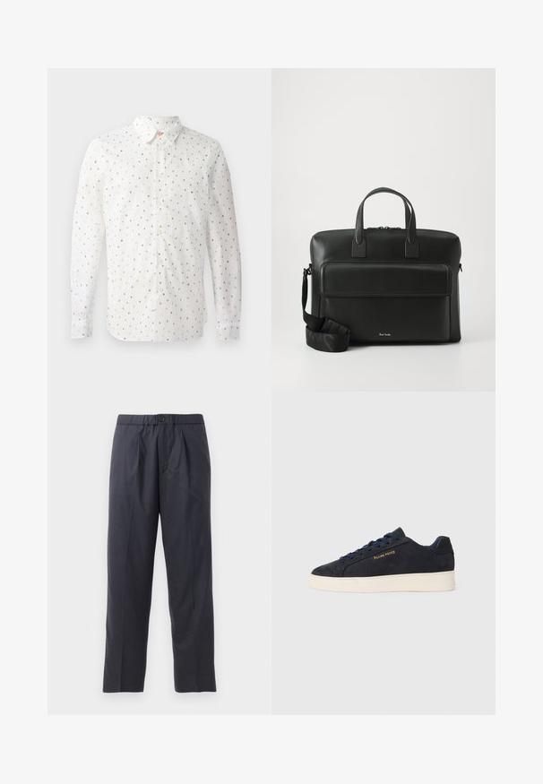 Bela srajca z dolgimi rokavi, ki vsebuje ponavljajoč se vzorec barvitih črk, z gumbom na sprednji strani, običajnim ovratnikom in gumbastimi manšetami.; Temno modri hlače iz mehkega materiala z nabranim sprednjim delom in elastičnim pasom. Imajo gumbasto zapiranje in ravno krojene hlačnice.; Mornarsko modre semiš nizke superge z belim podplatom, mornarskimi vezalkami in z zlatim logotipom "Filling Pieces" na strani.; Črna usnjena aktovka z dvema zgornjima ročajema, sprednjo žepno in odstranljivim trakom, ki na dnu vsebuje diskretno blagovno oznako.