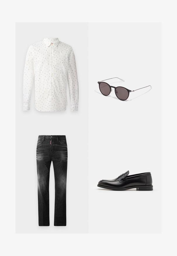 Long-sleeve white shirt featuring a repeating pattern of colorful letters, button-up front, standard collar, and button cuffs.; Black denim jeans with a straight fit. Features faded areas, minor distressing, classic five-pocket design, and a button closure.; Black leather loafers with a smooth texture, rounded toe, and a decorative strap across the vamp. Low stacked heel, minimalist design.; Black round sunglasses with dark lenses and slim metal arms. Includes clear temple tips and silver accents at the hinge. Minimalist design.