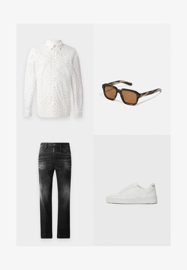 Long-sleeve white shirt featuring a repeating pattern of colorful letters, button-up front, standard collar, and button cuffs.; Black denim jeans with a straight fit. Features faded areas, minor distressing, classic five-pocket design, and a button closure.; White leather sneaker with a smooth finish, round toe, flat laces, and a textured sole. Features a subtle logo on the heel.; Plastic sunglasses with a tortoiseshell pattern, octagonal brown lenses, and thin gold hardware accents on the frame.