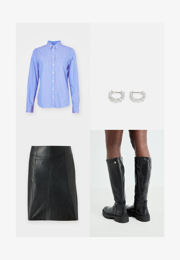 GANT STRIPED - Košilová halenka  - hellblau/weiß; Černá kožená sukně s přiléhavým střihem. Hladký povrch, švy zvýrazňující tvar a rovný lem. Minimalistický a elegantní vzhled.; Černé kožené vysoké boty až ke kolenům s hladkou texturou, kulatou špičkou, robustní podrážkou a zipovým uzávěrem. Na boku je vyražené stříbrné logo.; Stříbrné kruhové náušnice s obdélníkovými a trojúhelníkovými průhlednými krystaly uspořádanými do kruhového vzoru se středovým upevněním.