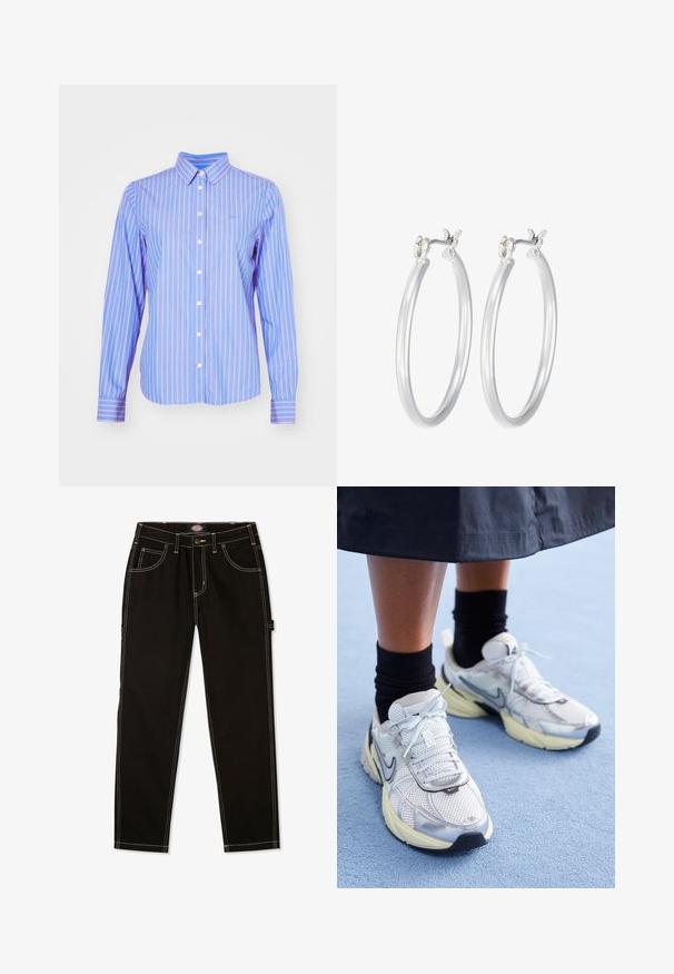GANT STRIPED - Overhemdblouse - hellblau/weiß; Zwarte denim broek met contrasterende witte stiksels, vijf zakken en een label aan de zijkant. Standaard pasvorm, rechte pijpdesign.; Witte en zilveren Nike sneakers van meshstof, met reflecterende accenten en een beige zool. Gedragen met zwarte sokken, staand op een blauwe ondergrond.; Zilveren oorbellen in de vorm van een gladde, gepolijste ring. Ronde vorm met een veilige kliksluiting. Lichtgewicht ontwerp, geschikt voor dagelijks gebruik.