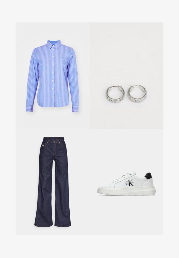GANT STRIPED - Paitapusero - hellblau/weiß; Tummansiniset leveälahkeiset farkut denimmateriaalista, joissa on korkea vyötärö. Niissä on oranssit tikkaus, viisi taskua ja napitus.; Valkoiset matalat tennarit, joissa on musta kantapää, alustasolki, nauhat ja Calvin Kleinin "CK" logo sivuilla.; Hopeissa on tekstuuri, jossa on pystysuorat urat. Ympyrän muoto ja turvallinen lukko. Sileä pinta.