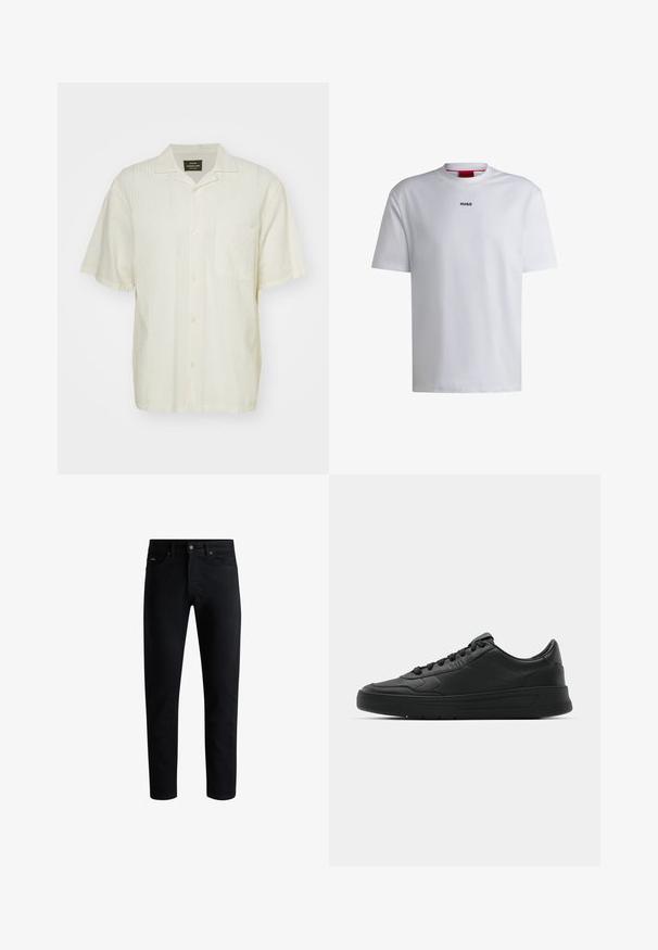 Lyhyet hihansuut, vaalea beige paita, jossa on teksturoitu kuosi, nappikaulus edessä ja yksi rintatasku. Kangas vaikuttaa kevyeltä ja hengittävältä.; Valkoinen puuvillapaita lyhyillä hihoilla, pyöreällä kaula-aukolla ja mustalla "HUGO"-logolla rinnassa. Tasainen rakenne, rento istuvuus, ei kuoseja.; Musta kapea slim-fit farkut viidellä taskulla, napitettava sulkeminen ja vyölenkit, esitelty valkoista taustaa vasten.; Mustat lenkkitossut, joissa on sileä nahkapäällinen, pyöreä kärki, tasaiset nauhat, pehmustettu nilkka ja minimalistinen muotoilu. Kumia pohja, jossa on hillitty urakuvio.