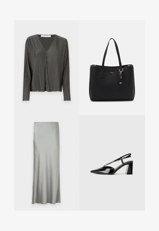 Temnozelena srajca dolgih rokavov s pomladnim ovratnikom, nabranim teksturo in črnimi gumbi. Tkanina se zdi gladka in lahka.; Svetlo siva, satinasta maksi suknja z gladko teksturo in stranskim razporkom, oblikovana s ravnim krojem za tekočo silhueto.; Črne lakirane slingback visoke pete z ostrim nosom, nastavljivim trakcem in debelim pravokotnim peto.; Črna torba iz teksturiranega sintetičnega materiala, opremljena z dvema ročajoma, z zlatim logotipom in majhno oznako z detajlom v kontrastni barvi.
