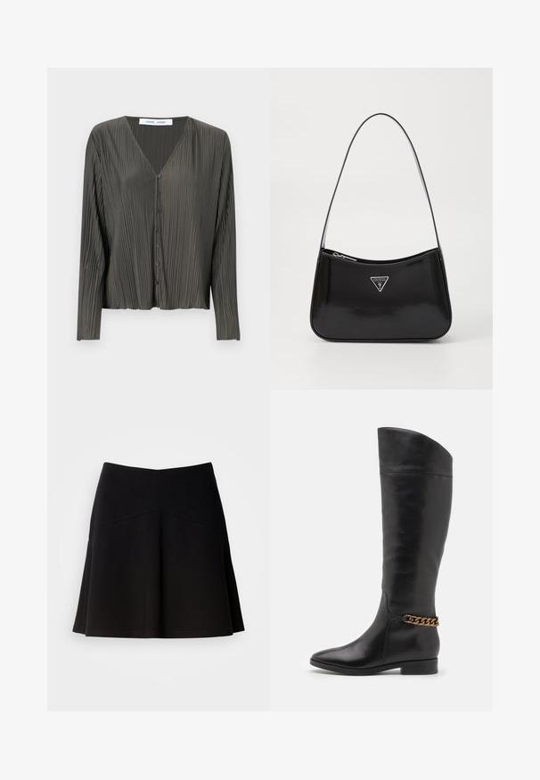 Donkergroene, langwerpige overhemden met knopen en een V-hals, met geplooide textuur en zwarte knopen. De stof lijkt glad en lichtgewicht.; Zwarte klokrok van zacht stof, met een strakke tailleband en naaddetails. Glad textuur met een eenvoudig, klassiek ontwerp.; Hoge zwarte leren laarzen met een slank ontwerp, spitse neus en een gouden kettingaccent bij de enkel. Lage blokhak. Glad textuur.; Zwarte lakleren schoudertas met een gebogen vorm, voorzien van een zilveren driehoeklogo en een ritssluiting. Gladde textuur en slanke schouderband.