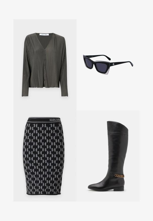 Tamnozelena košulja dugih rukava s gumbima, V-izrezom, pletenom teksturom i crnim gumbima. Tkanina izgleda glatko i lagano.; Crna pletena olovka suknja s ponavljajućim sivim uzorkom "KL" i crnim pojasom s nazivom brenda "KARL LAGERFELD."; Visoke crne kožne čizme s elegantnim dizajnom, šiljastim vrhom i zlatnim lančićem oko gležnja. Nizak blok potpetica. Glatka tekstura.; Crne oversize sunčane naočale geometrijskog oblika, s tamnim staklima i kontrastnom sivom dekoracijom na okviru. Logo na dršci.