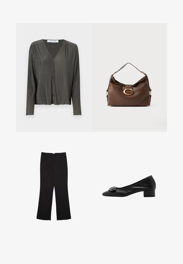 Tmavě zelená pánská košile na knoflíky s dlouhým rukávem a výstřihem do V, s plisovanou texturou a černými knoflíky. Tkanina vypadá hladce a lehce.; Černé kalhoty s rovným střihem, s předními kapsami a bočními rozparky na lemu. Vyrobené z jemné, hladké tkaniny. Vhodné na různé příležitosti.; Černé kožené lodičky s špičatou špičkou, malým blokovým podpatkem a dekorační sponou na živůtku. Hladká textura a jednoduchý design.; Hnědá kožená kabelka s texturovaným povrchem, která má zlatý kovový klip a jeden zakřivený ramenní popruh.