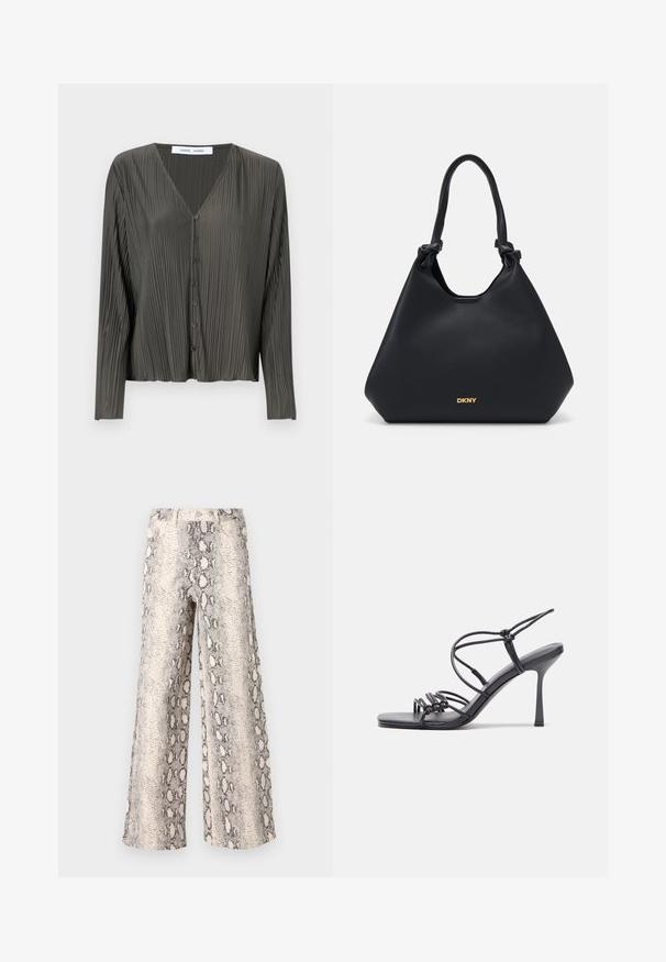 Mörkgrön, långärmad knapp-up skjorta med V-ringning, plisserad textur och svarta knappar. Tyget verkar slätt och lätt.; Breda byxor i ettormönster, med en kräm- och grå färgskala, tillverkade av texturerad tyg med en hög midja.; Svarta högklackade sandaler har tunna remmar med en knuten design, en slät fyrkantig tå och en smal stilettklack.; Svart läder tote-väska med en texturerad yta, knutna handtagsdetaljer och guldlogotyp i botten. Har en avslappnad silhuett.