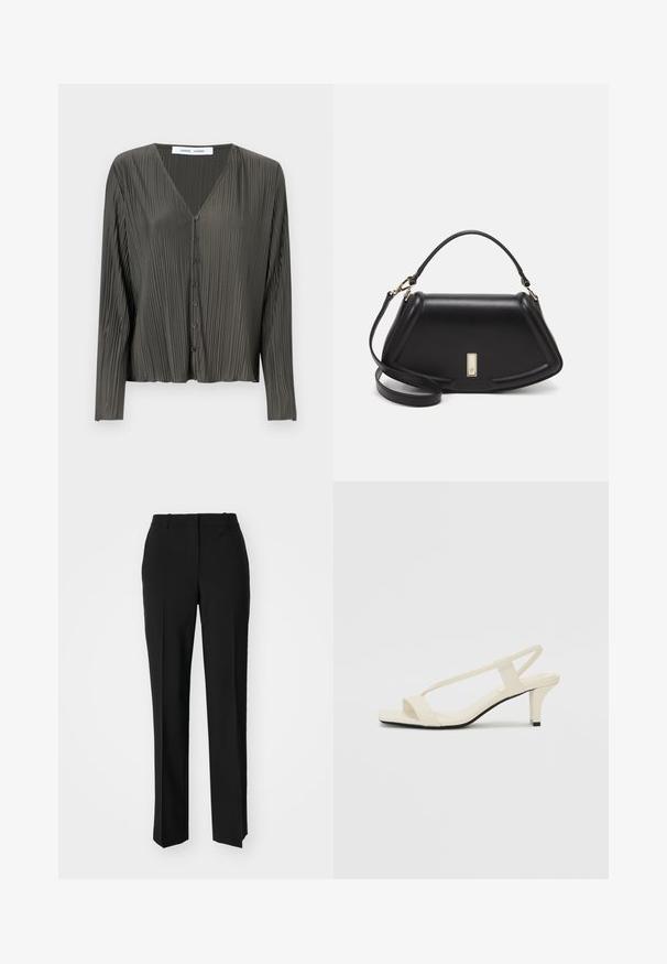 Mørkegrønn, langermet skjorte med knappelukking og V-hals, har en folderstruktur og svarte knapper. Stoffet fremstår som glatt og lett.; Sorte skreddersydde bukser med rett silhuett, med en glatt tekstur og klare pressede bretter foran. Ingen synlig maskinvare.; Beige blokk-høydesandaler med tynne stropper og firkantet tå. Glatt materiale med minimale detaljer, designet for enkel bruk.; Sort lærveske med en strukturert design, som har en avkortet form, topphåndtak og detaljer i gull. Justerbar skulderstropp inkludert.