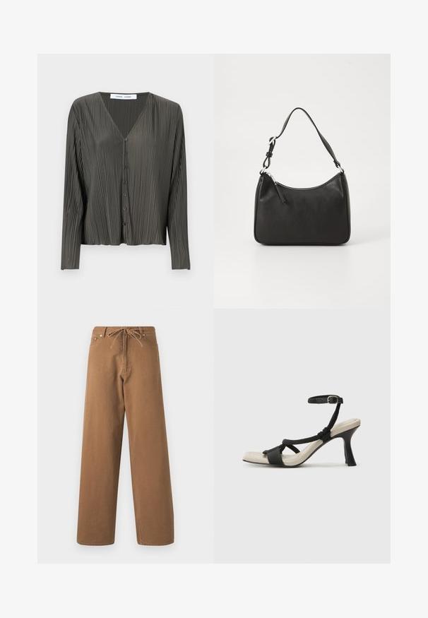 Mørkegrøn, langærmet skjorte med knapper og V-hals, plisseret struktur og sorte knapper. Stoffet ser glat og let ud.; Brune vidde bukser lavet af bomuld, med en snor i taljen og to frontlommer. Tekstureret stof med en glat finish.; Sorte hælede sandal med flettet remdesign, firkantet tå og justerbar ankelrem. Lys beige fodseng med en blank sort hæl.; Sort læderhåndtaske med en buet form, en enkelt rem, lynlås lukning og diskret branding på forsiden. Glat tekstur, minimalistisk design.