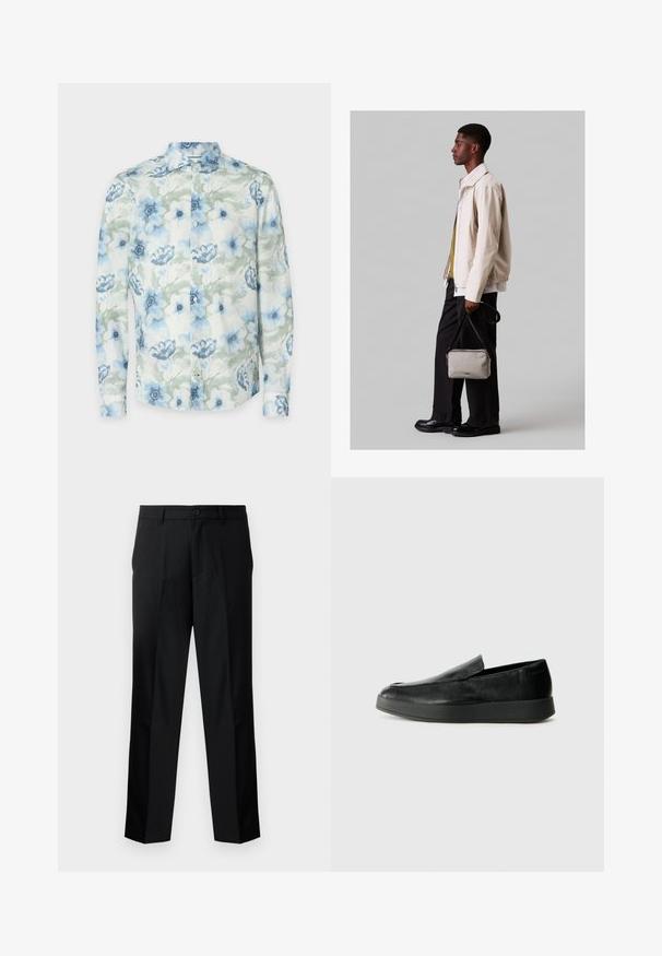 Cvetna srajca z dolgimi rokavi iz lahkega materiala, ki vsebuje modre in zelene akvarelne cvetove, gumbe in klasičen ovratnik.; Črne hlače z ravnim krojem, s zapiranjem na gumb, zadrgo in obrobo za pas. Gladek material z stranskima žepoma.; Calvin Klein HYBRID CUP - Čevlji brez vezalk - triple black; Svetlo bež jakna z elastičnim robom, v kombinaciji z zeleno srajco in črnimi hlačami. Nosila majhno sivo torbico čez ramo. Črne čevlje.