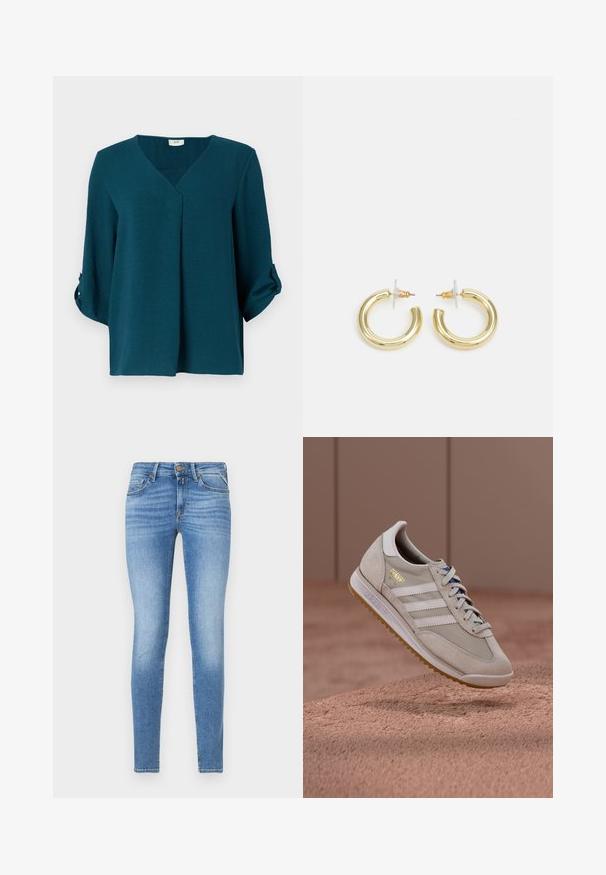 Zöldeskék blúz V kivágással, háromnegyedes ujjal és gombos mandzsettával. Texturált anyagból készült, laza szabással és elülső pliszé részlettel.; Vékony fit világoskék farmernadrág, közepes derekú, elöl gombbal, öt zsebes kialakítással.; Bézs színű sportcipő, nubukbőr és hálós felsőrész, fehér három csíkkal, gumitalp, kék fűzőkkel és arany színű logóvel. Klasszikus retro dizájn.; Arany fülbevalók sima, fényes felülettel. Kör alakú dizájn, amely kis kapoccsal és átlátszó tartozékkal rendelkezik a biztonságos viselés érdekében.
