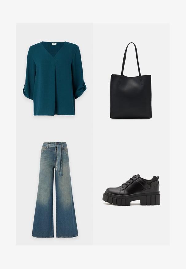 Teal blouse with a V-neck, three-quarter sleeves, and buttoned cuffs. Made of textured fabric with a loose fit and front pleat detail.; Wide-leg denim trousers featuring a light to dark blue gradient, high waist, belt loops, and a matching fabric belt. Textured denim finish.; Black leather platform shoes with a chunky block heel, round toe, and traditional lace-up design. Features smooth texture and minimal detailing.; Black leather tote bag with smooth texture, rectangular shape, and two long handles. No visible hardware or embellishments.