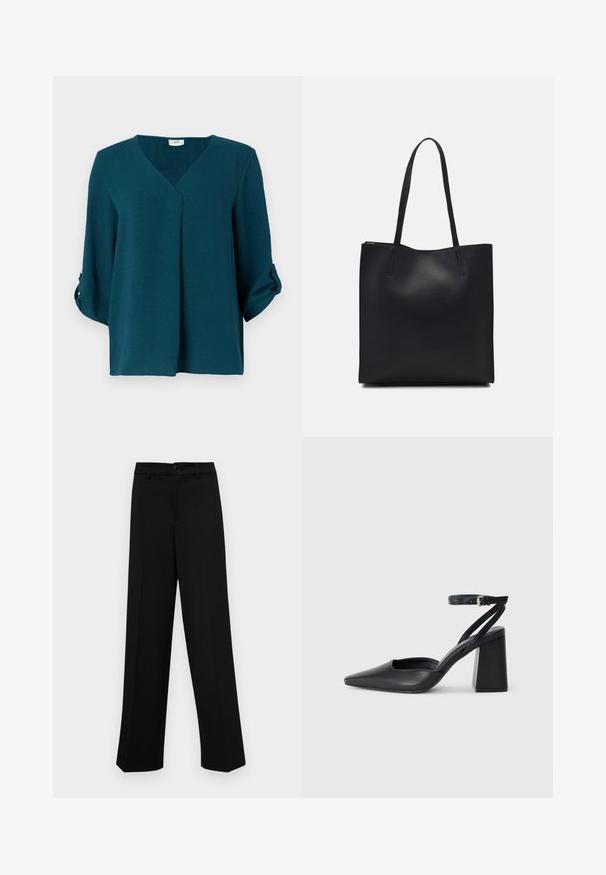 Teal blouse with a V-neck, three-quarter sleeves, and buttoned cuffs. Made of textured fabric with a loose fit and front pleat detail.; Black wide-leg trousers made of smooth fabric, featuring a classic waistband with a button closure and front pleats.; Black leather pointy-toe pump with an ankle strap and a chunky heel. Flat texture, sleek design, and minimalistic aesthetics.; Black leather tote bag with smooth texture, rectangular shape, and two long handles. No visible hardware or embellishments.