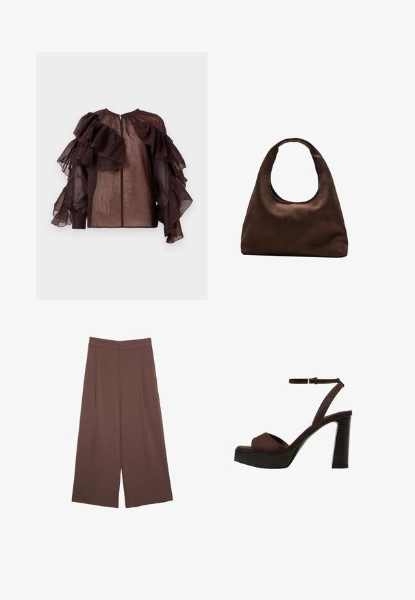 Tmavý priesvitný top s objemnými vrstvenými volánmi na rukávoch a hornej časti hrudníka, nariasený výstrih a zapínanie na gombík na zadnej strane.; Hnedé nohavice so širokými nohavicami a hladkou textúrou, s vysokým pásom a prednými skladmi. Tkanina je ľahká a voľne sa pohybuje.; Hnedé semišové sandále na vysokom podpätku s otvorenou špičkou, nastaviteľným členkovým remienkom a pruhovanou platformovou podrážkou.; Svetlohnedá kabelka v štýle hobo s jedným širokým popruhom a zakriveným otváraním na vrchu, vystavená na bielom pozadí.
