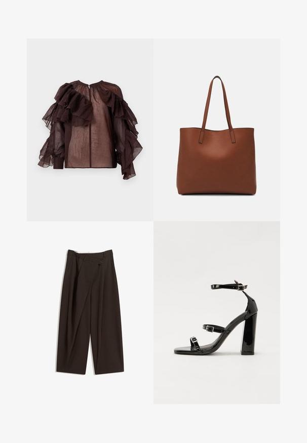 Tmavá průsvitná blůza s objemnými vrstvenými volány na rukávech a horní části hrudi, nařasený výstřih a zapínání na knoflíky na zádech.; Tmavě hnědé široké kalhoty s vysokým pasem, vybavené jedním tlačítkem na zapínání a plisovaným předním dílem. Vyrobené z lehkého materiálu.; Černé lakované sandály na podpatku se čtveratou špičkou, lýtkovými pásky a stříbrnými přezkami. Disponují masivním blokovým podpatkem pro stabilitu.; Hnědá kožená taška přes rameno s hladkou texturou, otevřeným designem a dvěma ramenními popruhy. Obsahuje minimální švy a žádné viditelné kovové prvky.