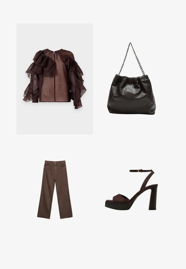 Temno prosojna bluzica z voluminoznimi plastmi volanov na rokavih in zgornjem delu prsi, nabranim dekoltejem in z gumbom na hrbtni strani.; Široke rjave kavbojke iz denima, ki imajo visok pas, sprednje žepe in klasično zapiranje na gumb. Gladka tekstura s subtilnim šivom.; Rjave semiš sandale z visoko peto, odprto spredaj, z nastavljivim gležnjenjem in črtastim podplatom.; Rjava usnjena torba z nabranim vrhom in verižnim trakom. Gladka tekstura z sijajno površino in subtilnimi šivi na straneh.